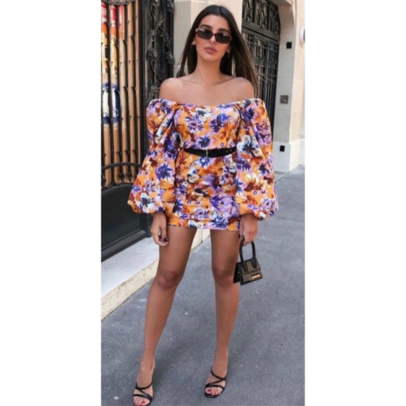 Zara Camilla Floral Square Neck Off The Shoulder Balloon Sleeve Mini Dress - Picture 3 of 11